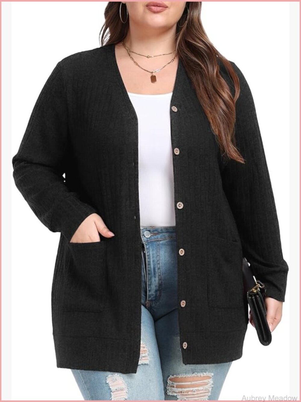 Plus Size Open Front Cardigan Sweater with Pockets Long Sleeve V-Neck Button